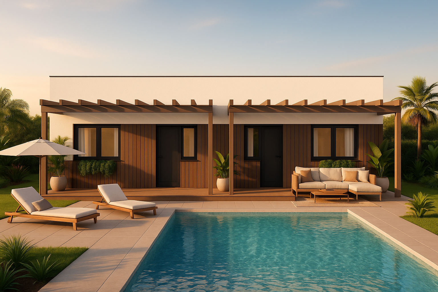 Adosado piloto — fachada con piscina